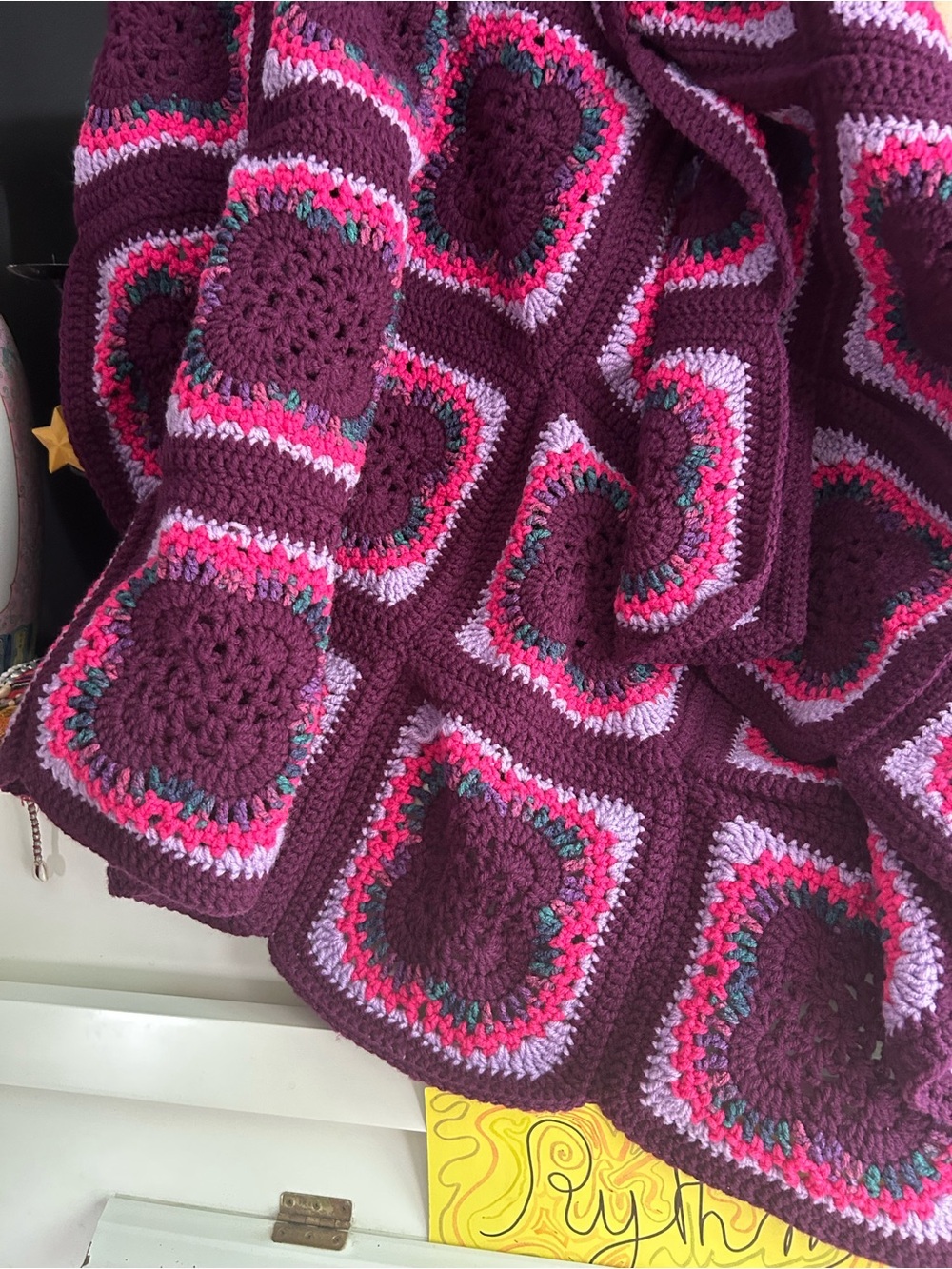 Handmade Crochet Granny Square Throw Blanket Plum Purple Pink Afghan Vintage